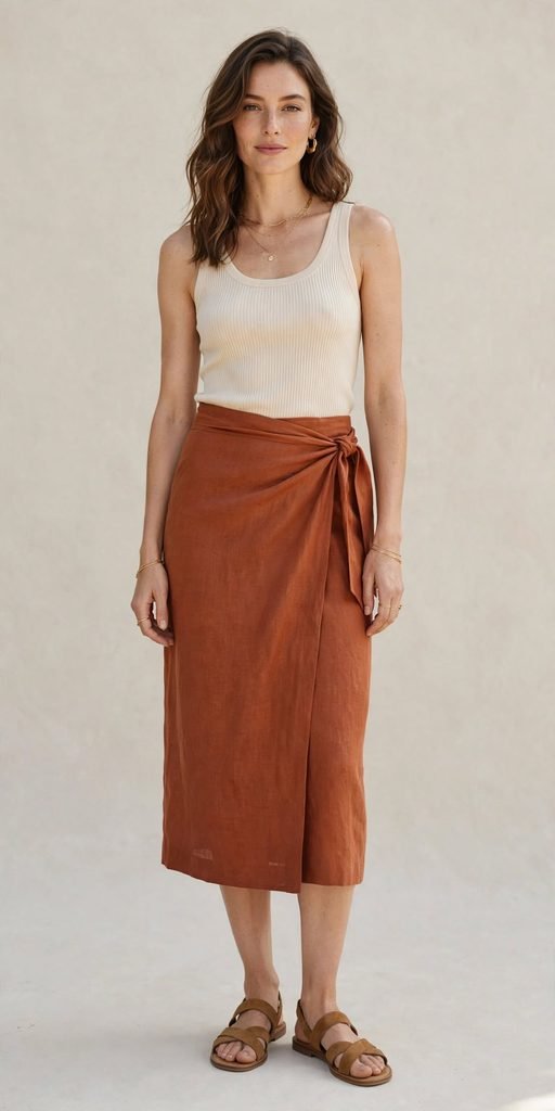Rust wrap skirt with ribbed tank and gold jewelry