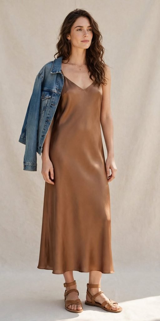 Bronze slip dress with denim jacket draped over shoulder