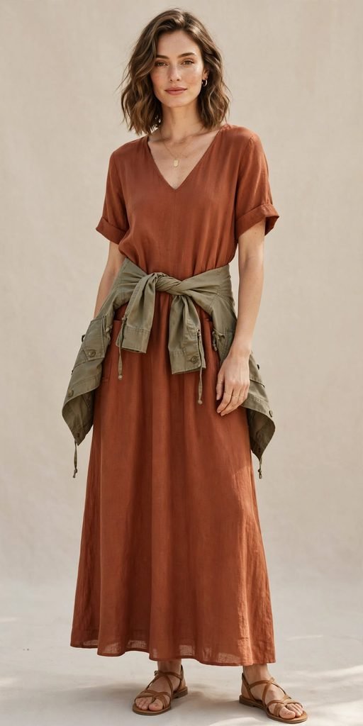 Rust maxi dress with utility jacket tied at waist