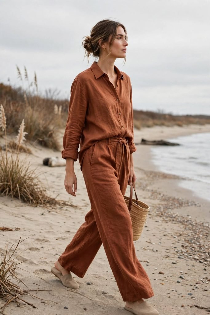 Woman walking along beach in rust colored linen outfit