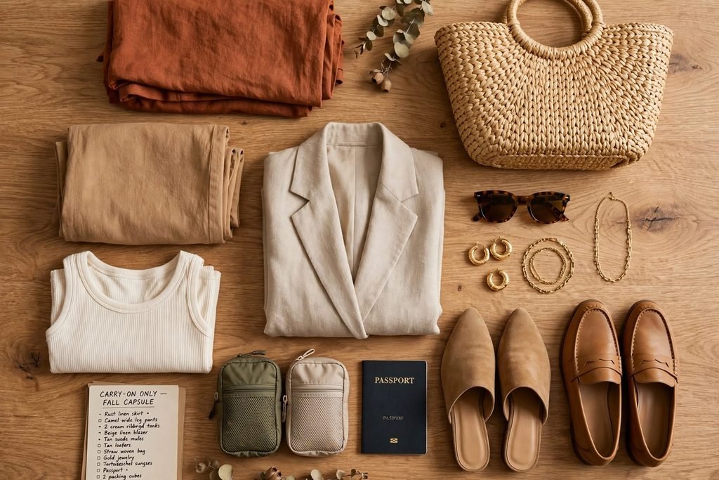 Flat lay of packing list with fall toned vacation clothing