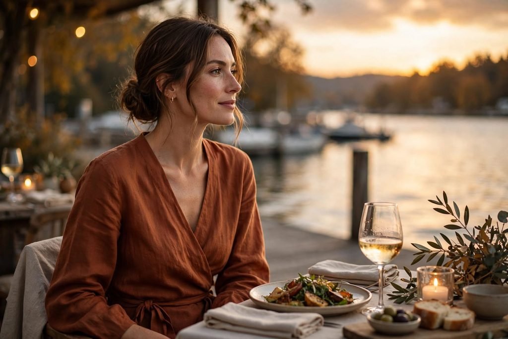 Rust wrap dress on woman at sunset dinner near water