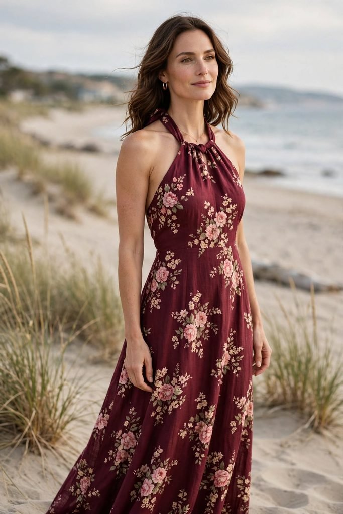 Burgundy floral halter maxi dress on beach
