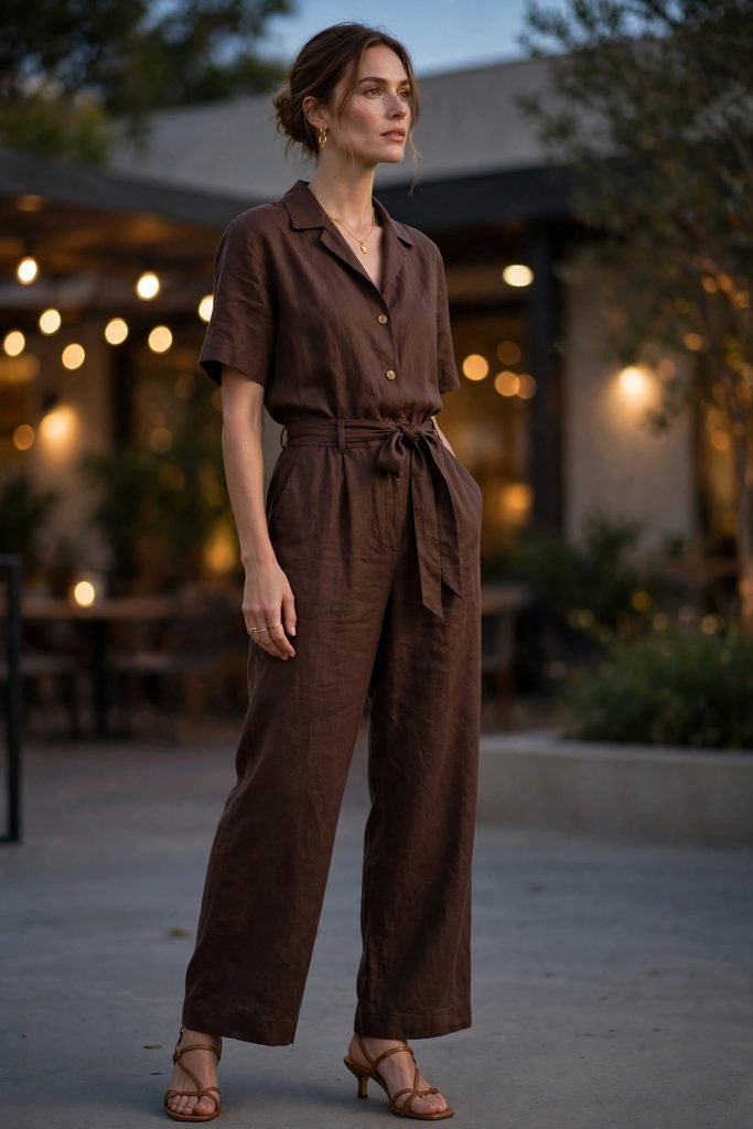Chocolate brown linen jumpsuit styled for evening