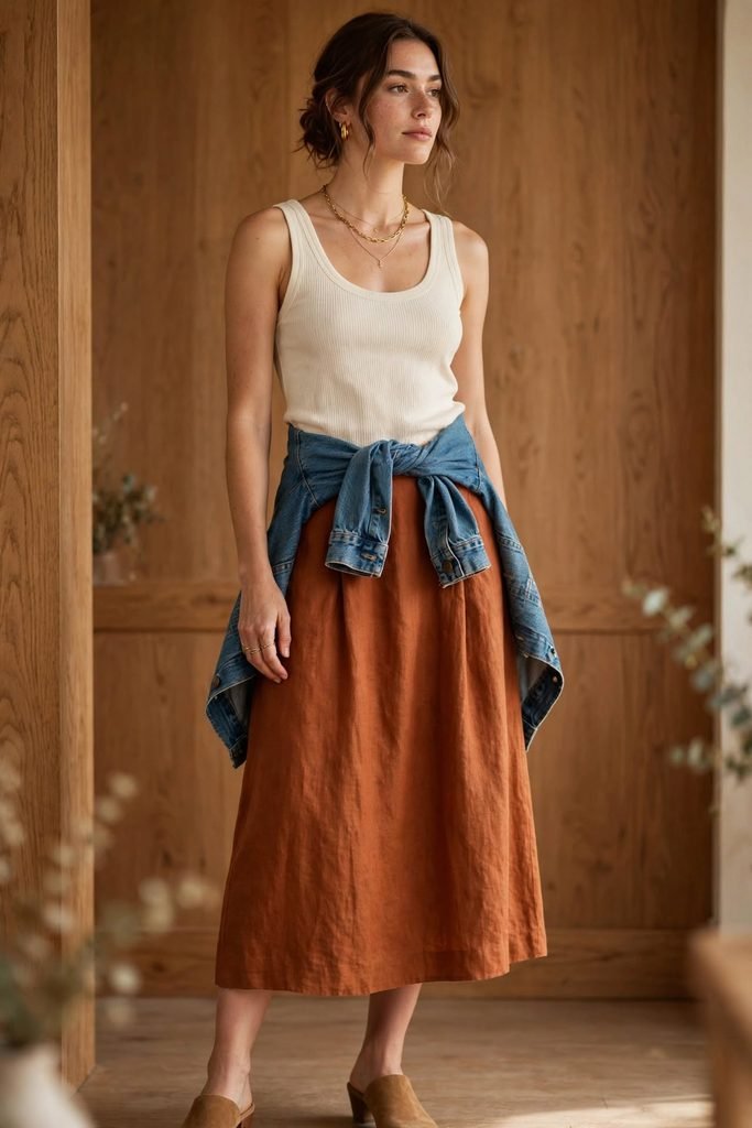 Rust linen midi skirt with denim jacket tied at waist