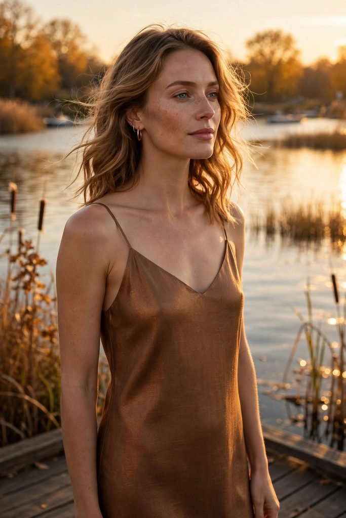 Bronze slip dress at golden hour near water