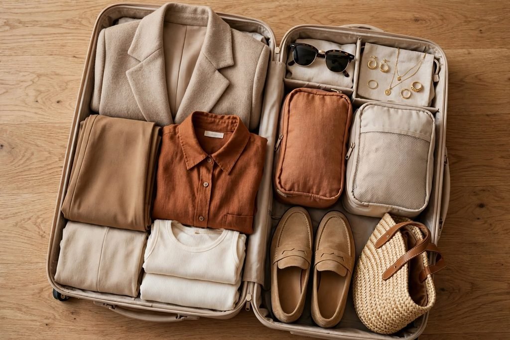 Packed suitcase with fall toned vacation clothing folded neatly