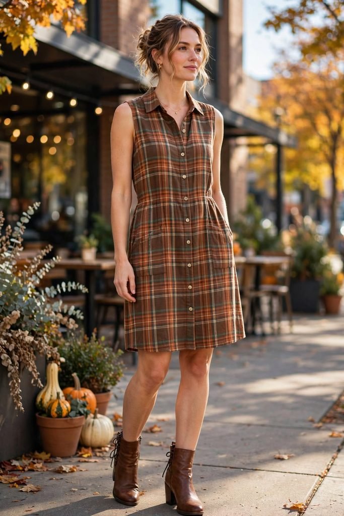 Sleeveless plaid shirtdress paired with ankle boots