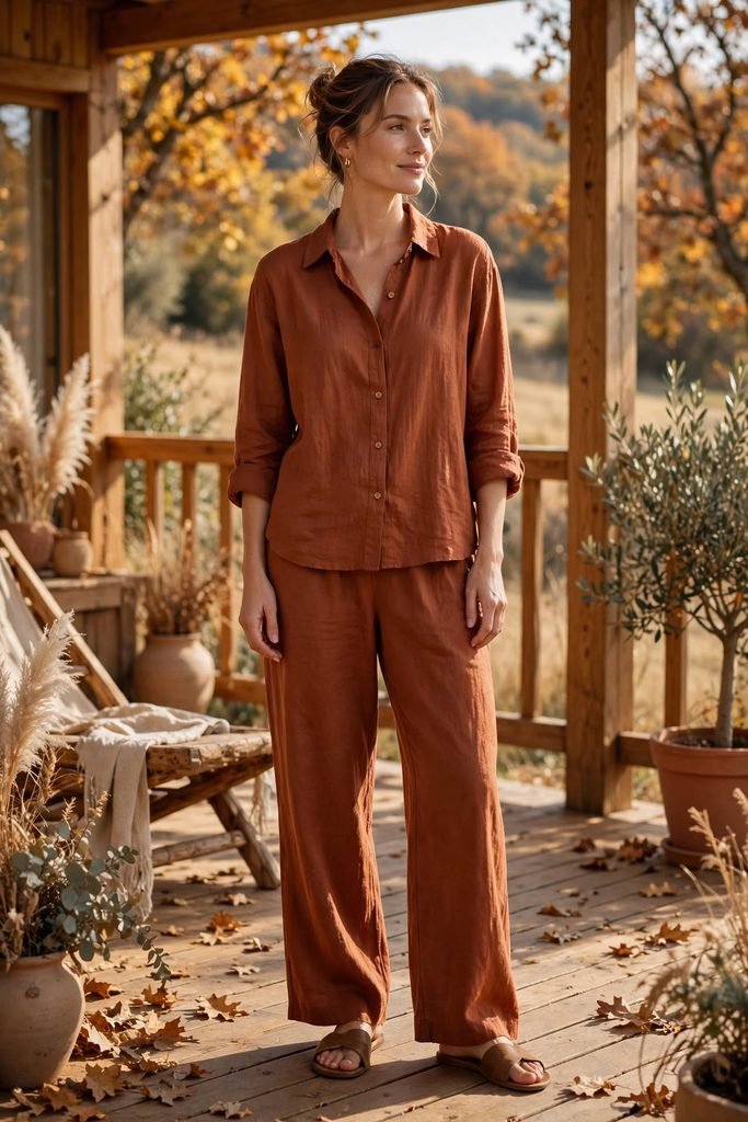 Woman in rust colored linen outfit standing outdoors in warm weather