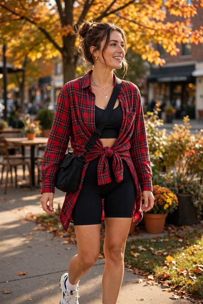 Plaid shirt tied at waist over bike shorts and sneakers