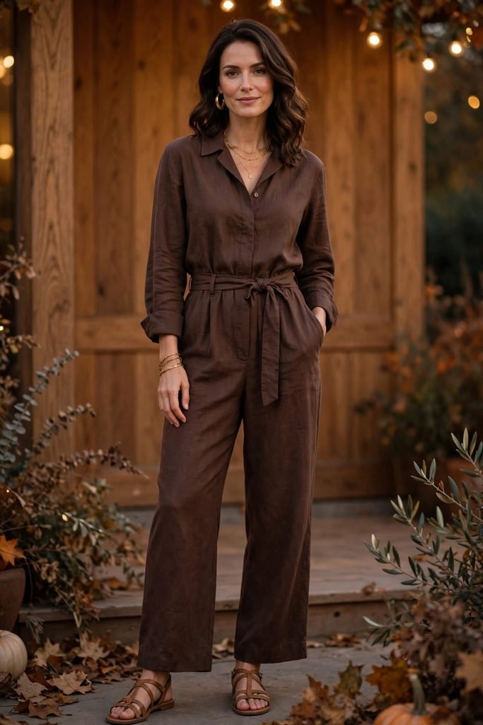 Chocolate brown linen jumpsuit styled for a fall evening