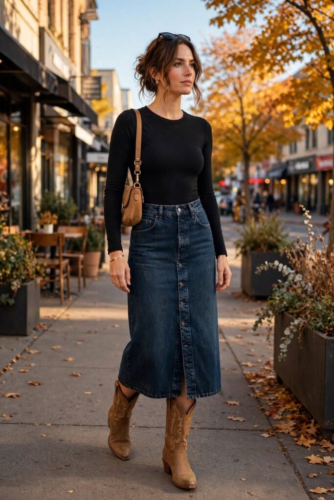 Dark denim midi skirt styled with bodysuit and western boots
