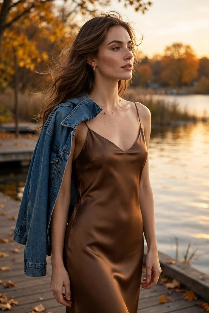 Bronze slip dress with denim jacket draped over one shoulder