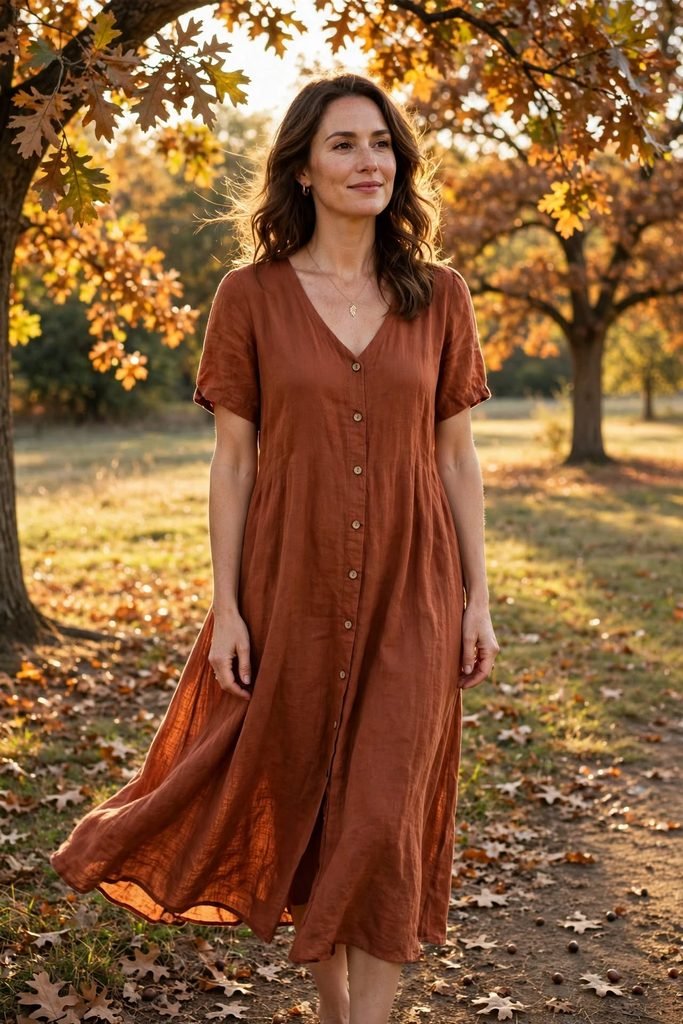Woman wearing rust colored breezy dress in warm outdoor setting