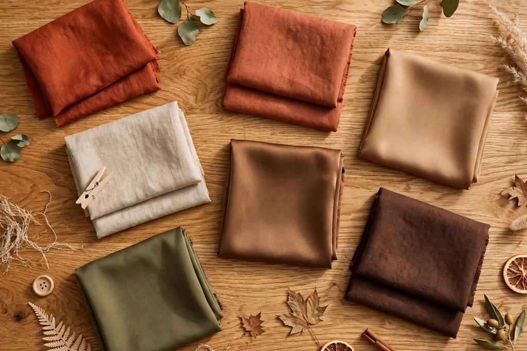 Flat lay of linen and rayon fabric swatches in autumn tones