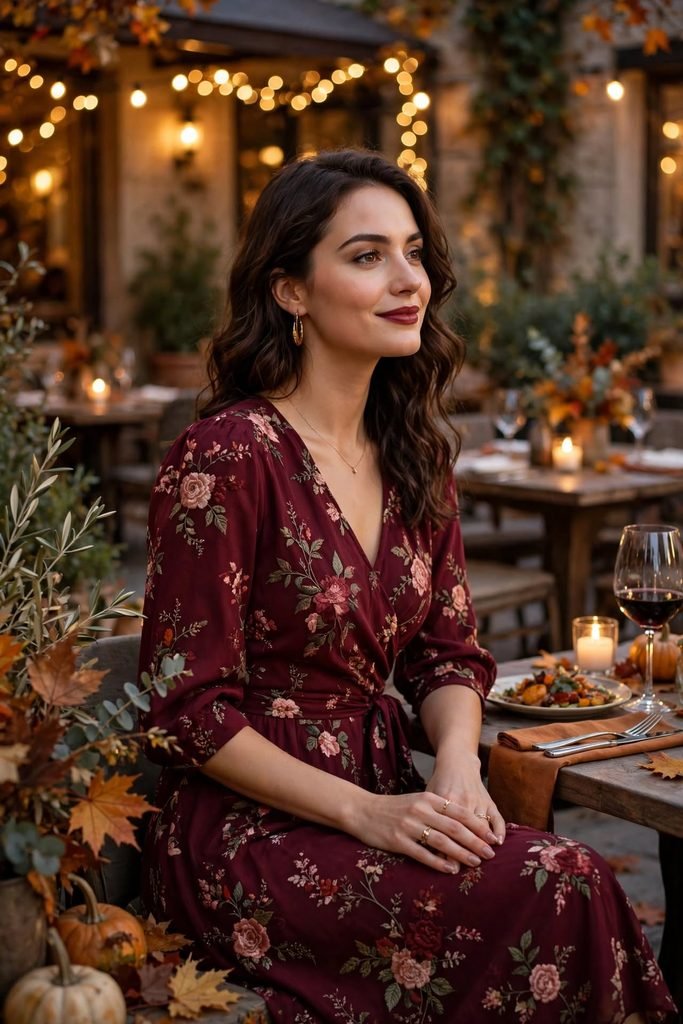 Deep burgundy floral midi dress styled for a fall dinner