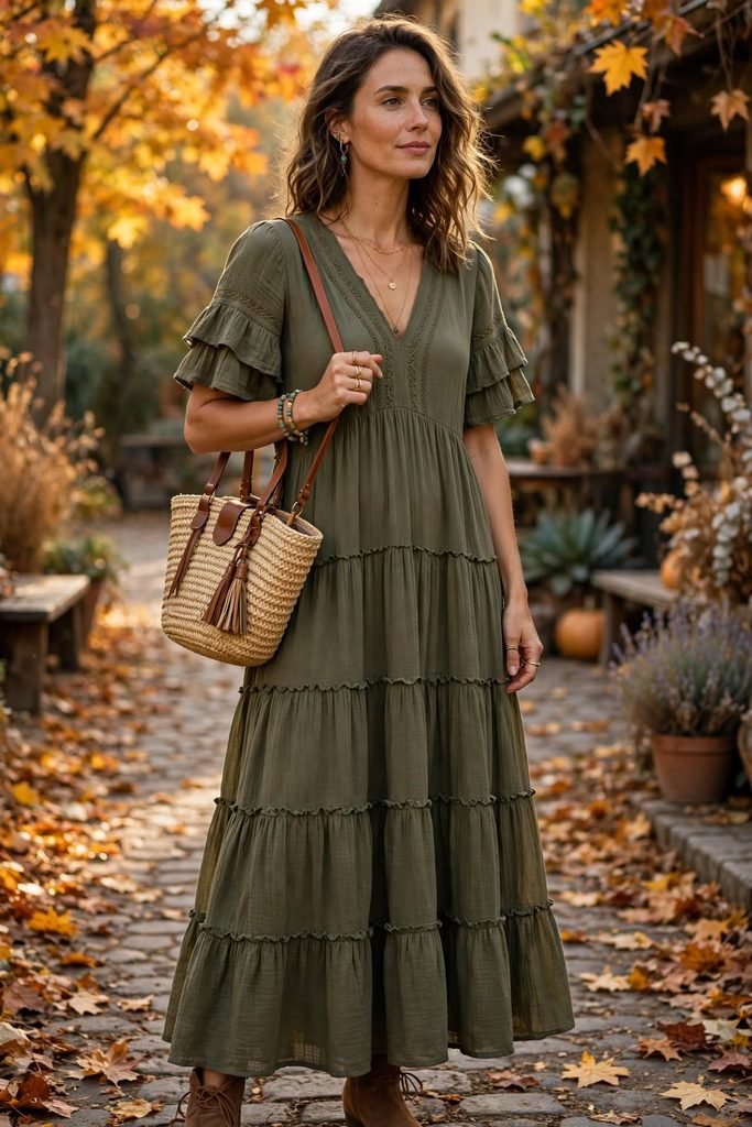 Olive tiered maxi dress styled with raffia bag