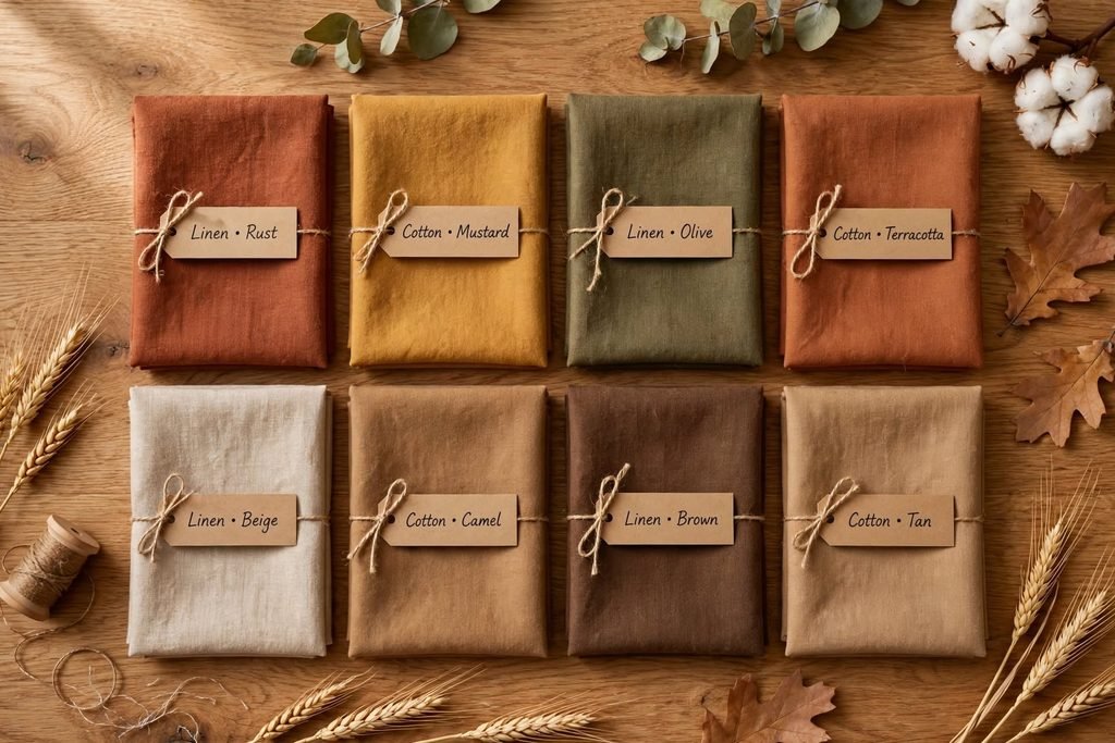 Flat lay of linen and cotton fabric swatches in fall colors