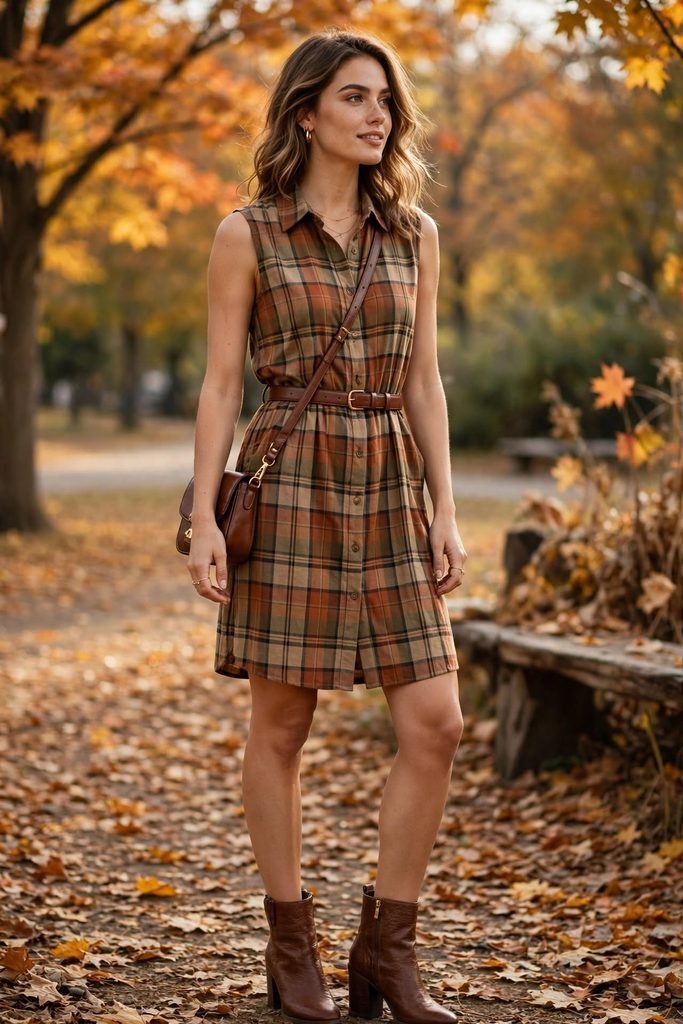 Sleeveless plaid shirtdress styled with ankle boots