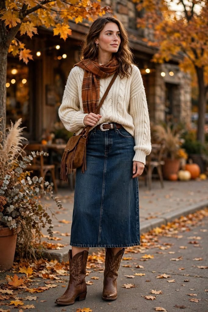  Dark denim midi skirt styled with western boots]