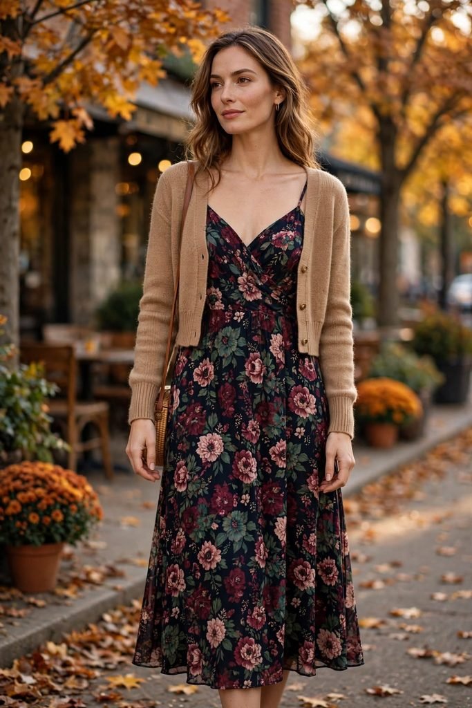 Deep floral midi sundress layered with cropped cardigan