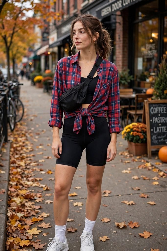 Plaid shirt tied at waist over bike shorts and sneakers