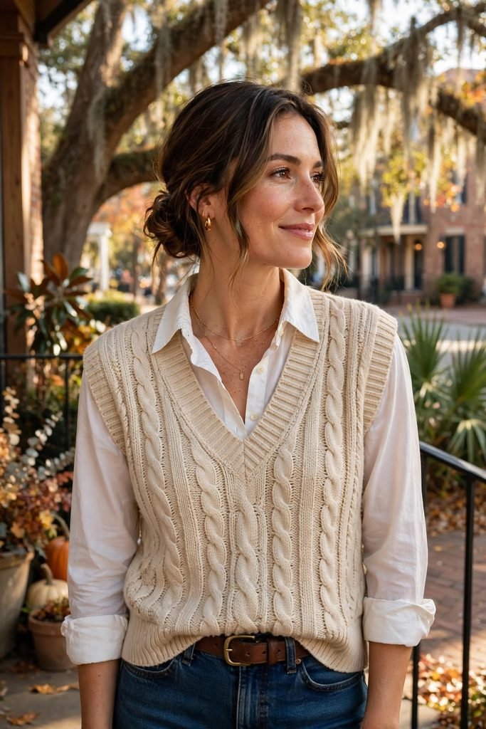 Sleeveless knit vest layered over button-down shirt