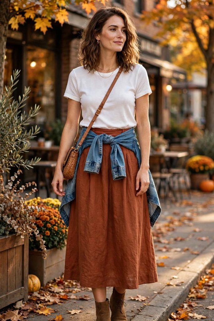  Rust linen midi skirt with denim jacket tied at waist]