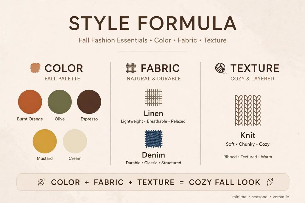 Style formula graphic showing color, fabric, and texture icons