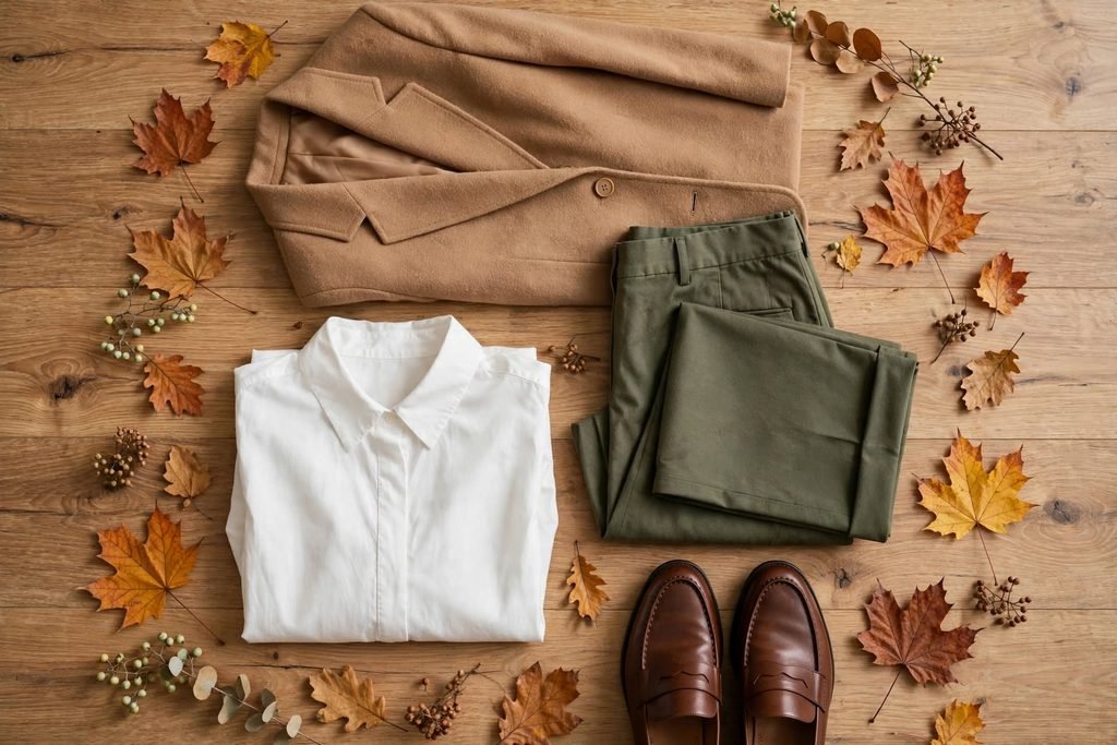 Flat lay of lightweight blazer, cotton blouse, and trousers in fall office colors