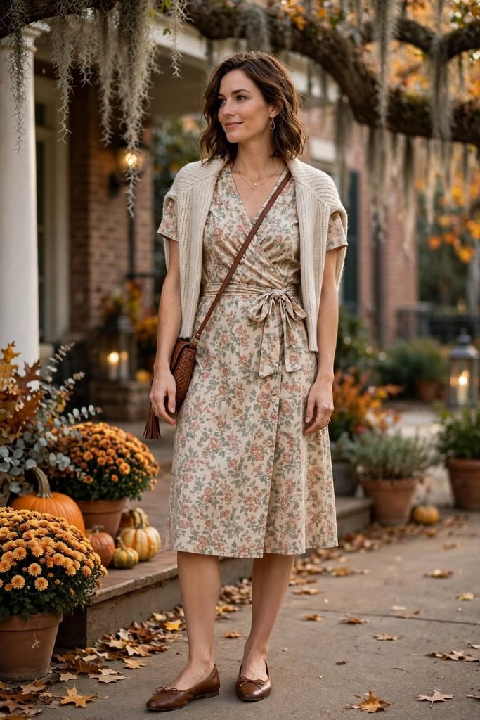 Cotton poplin wrap dress styled with cardigan and flats