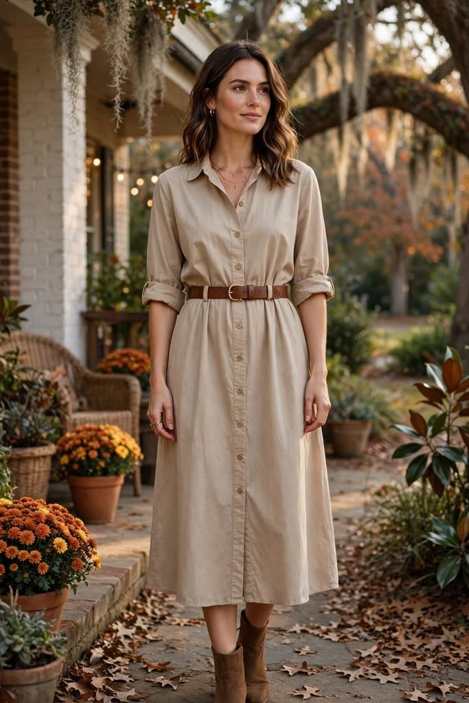 Midi cotton shirtdress with belt and rolled sleeves