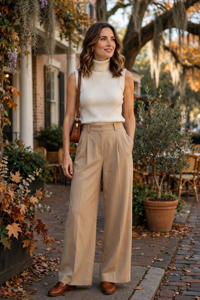  Sleeveless turtleneck paired with wide-leg trousers and flats