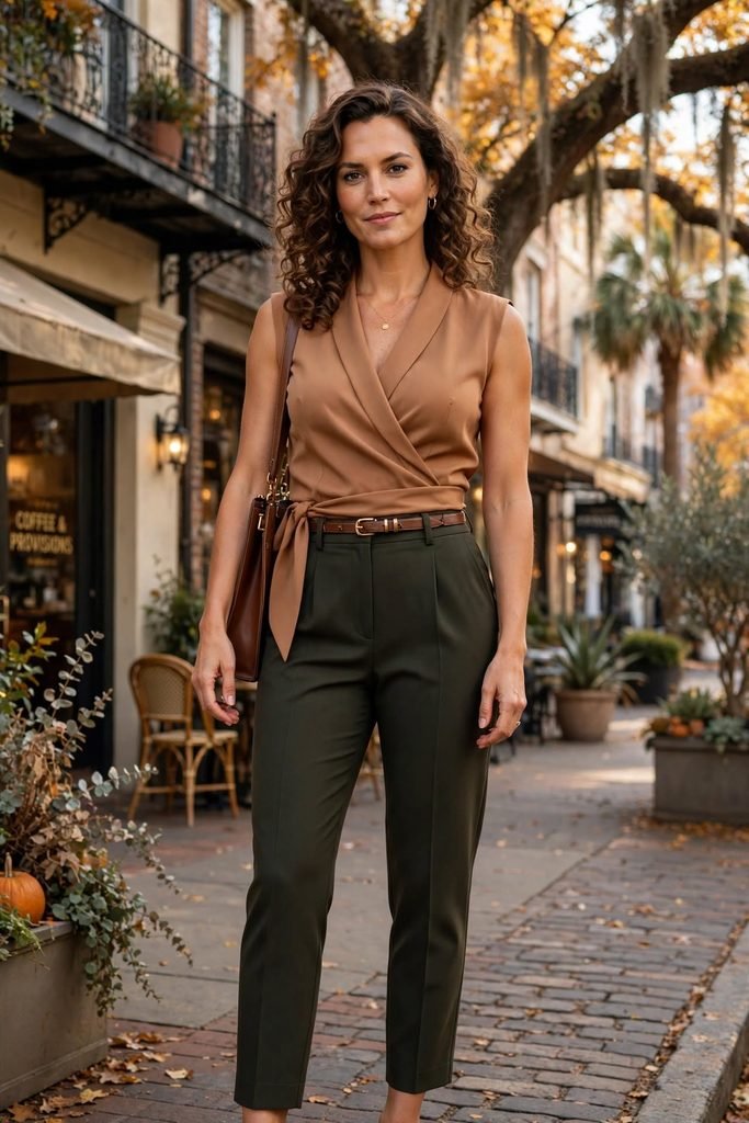 Sleeveless wrap top and ankle-length trousers office outfit