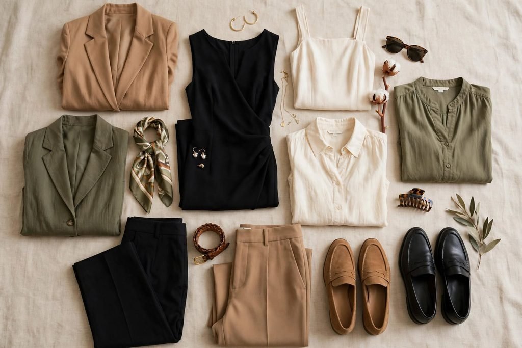 Capsule wardrobe flat lay of hot fall office outfit essentials