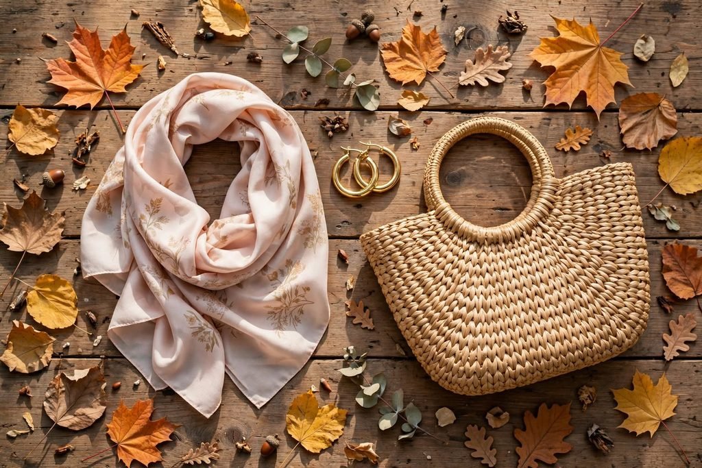 Flat lay of lightweight fall accessories including scarf, earrings, and woven bag