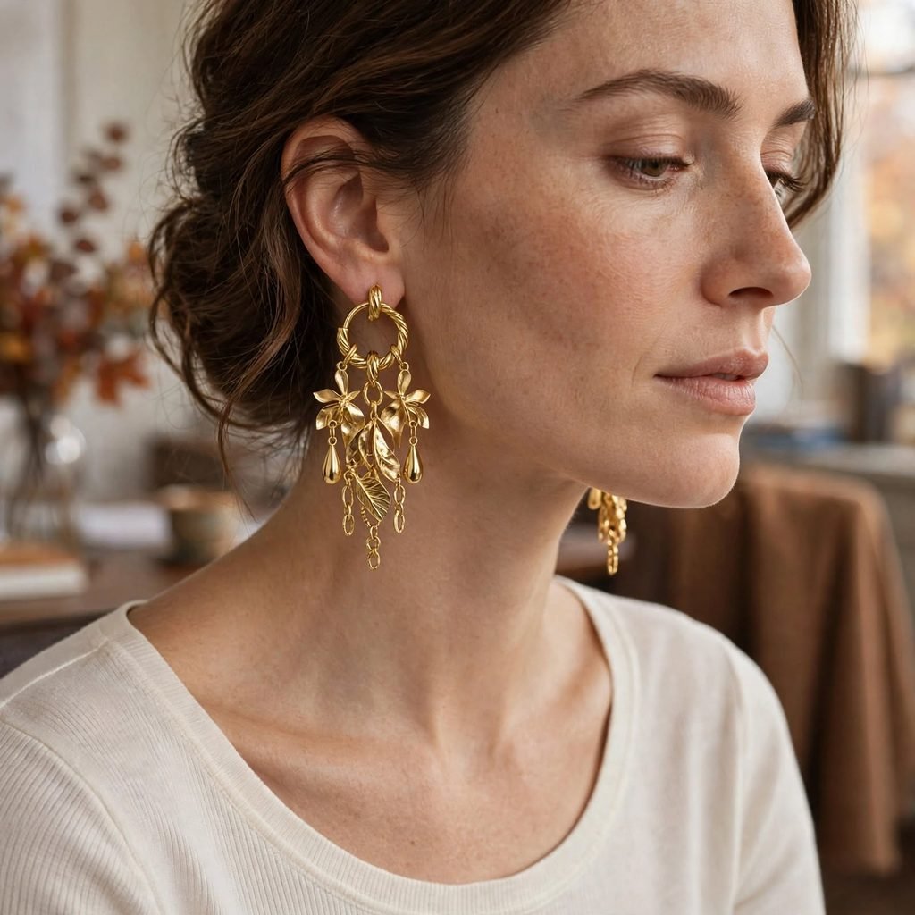  Statement gold earrings with bare neckline and simple top warm fall outfit accessories