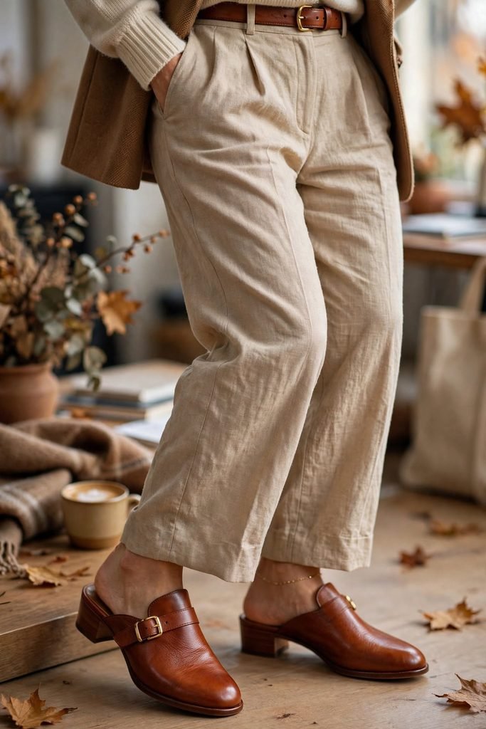 Cognac leather mules paired with linen trousers
