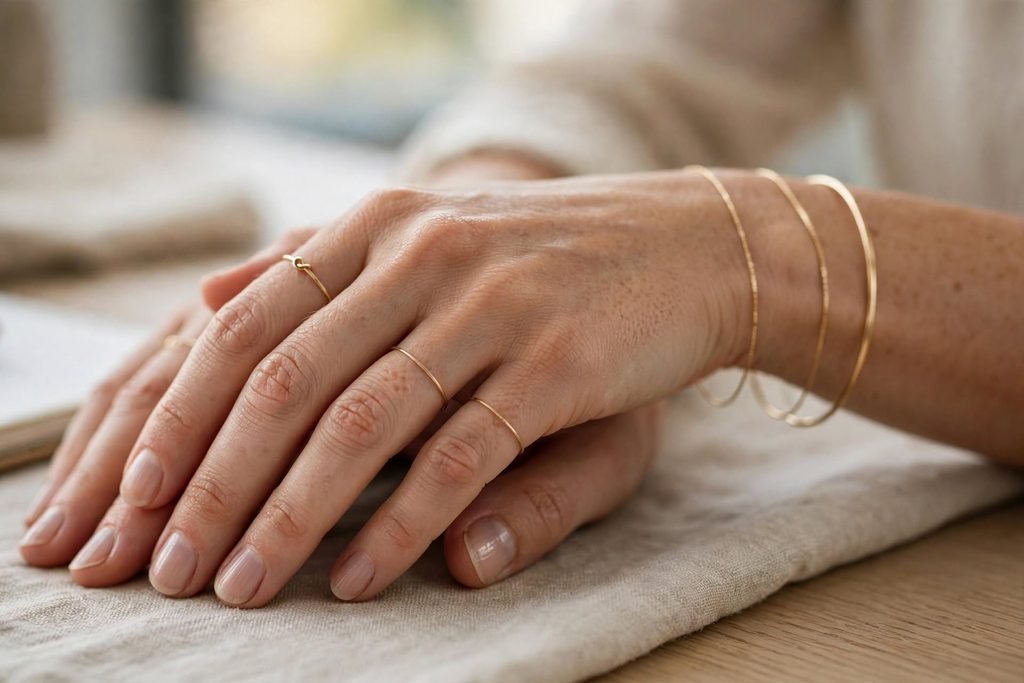 Layered thin gold rings and bracelets in warm tones