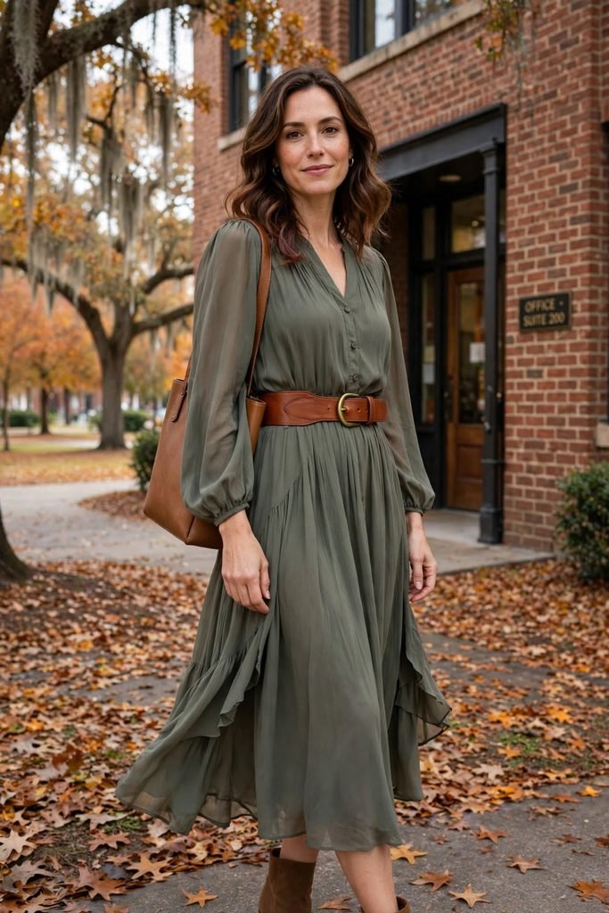 Cognac leather belt cinching a flowy fall dress