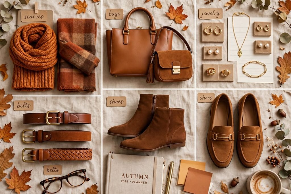Capsule collection of warm fall accessories arranged by category