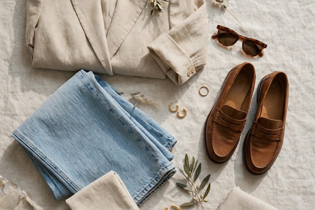 Flat lay of linen blazer, wide-leg jeans, and loafers for fall-summer transition