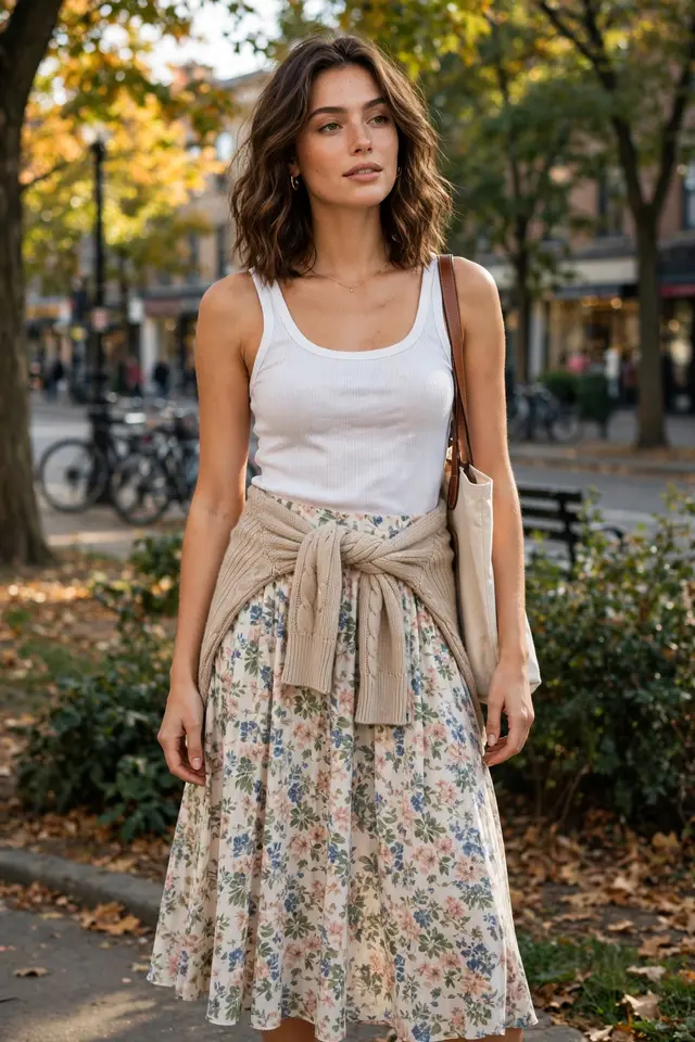 Tank top, midi skirt, and cardigan tied at the waist styled outdoors