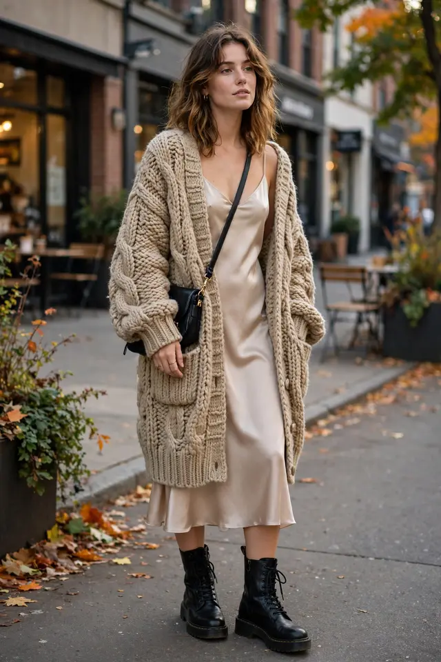 Slip dress layered under a chunky cardigan with combat boots