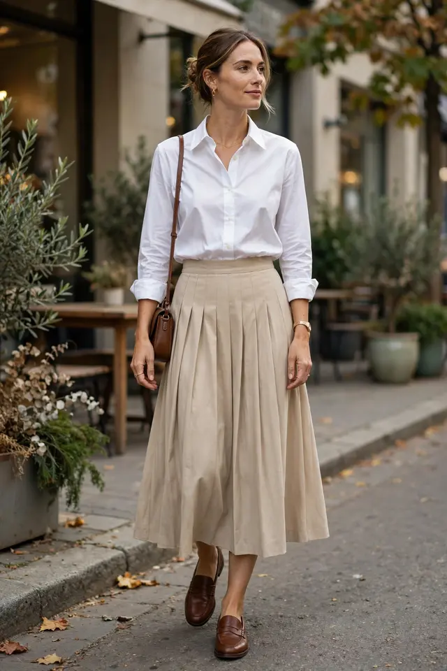 White button-down shirt tucked into a pleated midi skirt with loafers