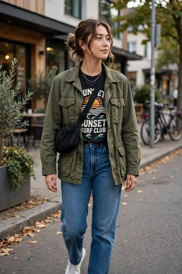 Graphic tee layered under a utility jacket with straight-leg jeans