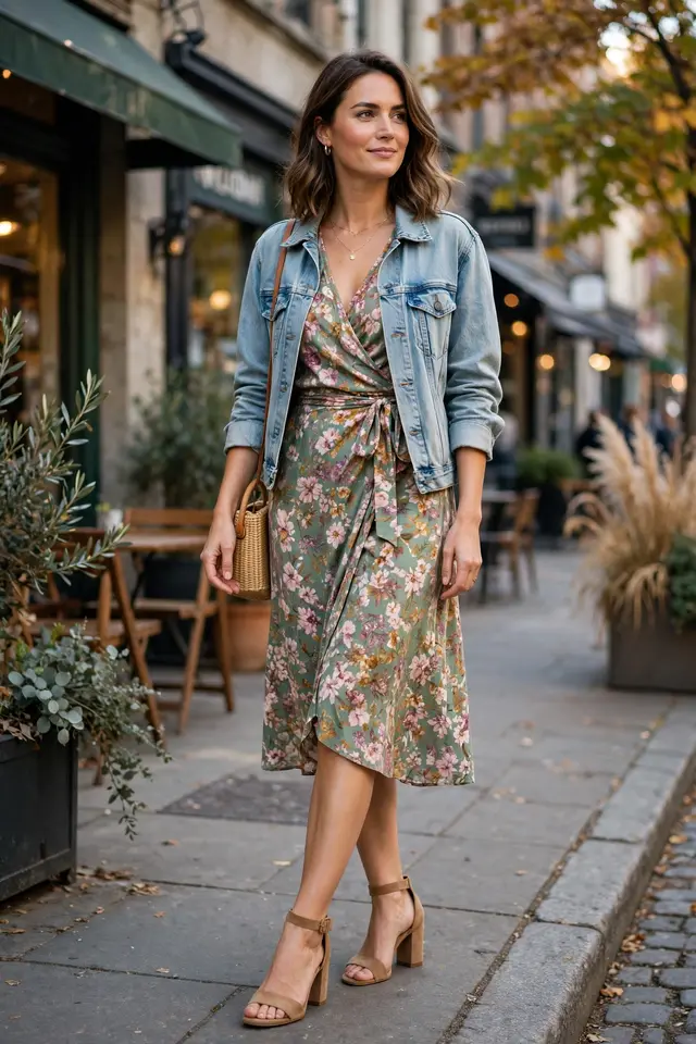 Wrap dress paired with a denim jacket and block heels