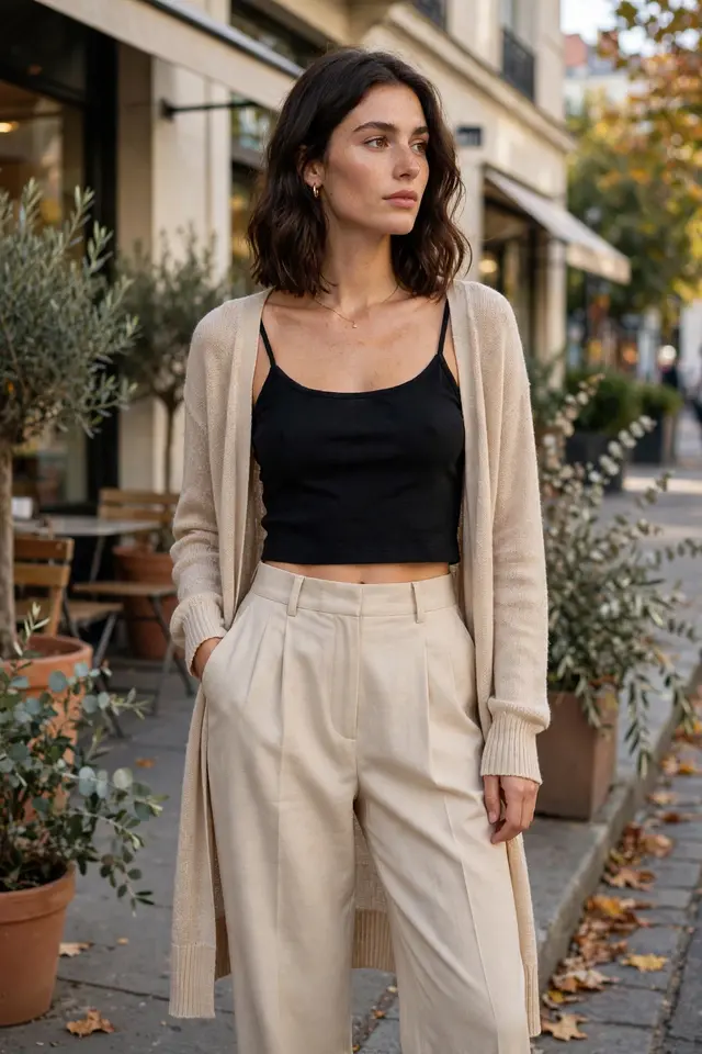  Cropped cami and high-waisted trousers layered with an open cardigan