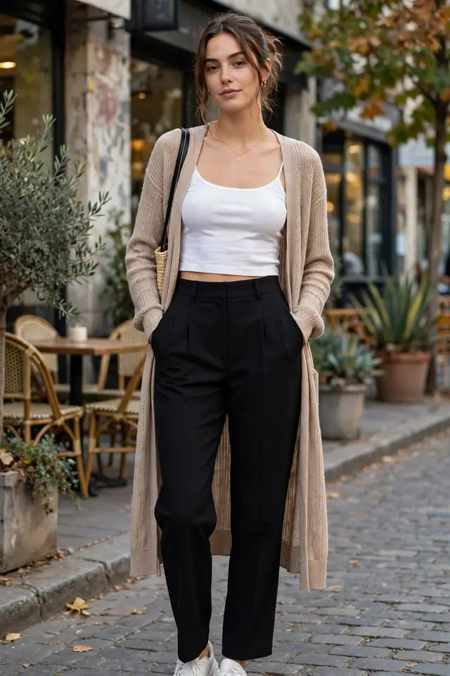 Cropped Cami + High-Waisted Trousers + Cardigan