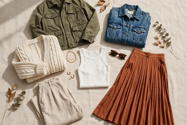 Flat lay of breezy fall-toned clothing pieces on neutral background